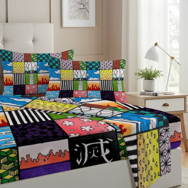 ZapMerch Twin Size Demon Battles Fitted Sheet Anime Bed Flat Sheets Bedding Set Deep Pockets Up To 16" Bedroom Decor With 1 Pillow Sham SC00040-009