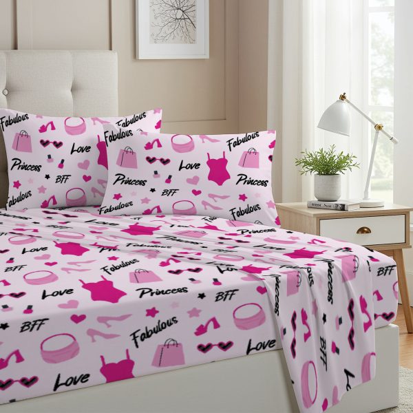 ZapMerch Twin Size Fashion Doll Fitted Sheet Pretty Girl Bed Flat Sheets Bedding Set Deep Pockets Up To 16" Bedroom Decor With 1 Pillow Sham SC00157-009