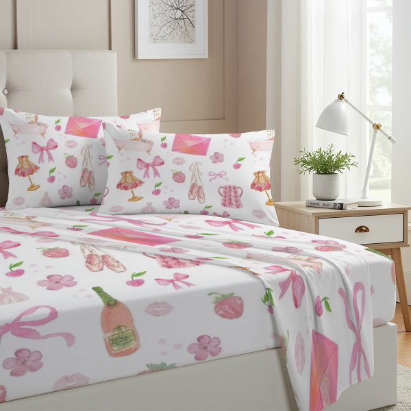 ZapMerch Twin Size Bow Fitted Sheet Bow Bed Flat Sheets Bedding Set Deep Pockets Up To 16" Bedroom Decor With 1 Pillow Sham SC00163-009