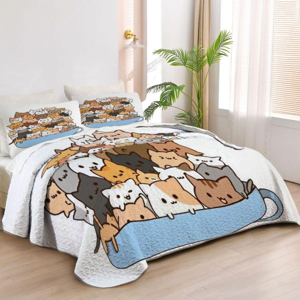 ZapMerch Chubby Cat Quilt Bedspreads Cute Comic Sensation Bed Set Bedding Coverlet Fabric Washable SC00204-007