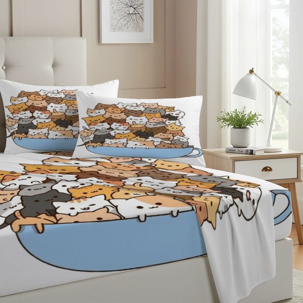 ZapMerch Twin Size Chubby Cat Fitted Sheet Cute Comic Sensation Bed Flat Sheets Bedding Set Deep Pockets Up To 16" Bedroom Decor With 1 Pillow Sham SC00204-009