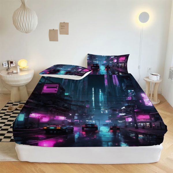 ZapMerch Night City Explorer Fitted Sheet Video Game Bed Sheets Bedding Set Deep Pockets Up To 16" Bedroom Decor SC00225-006