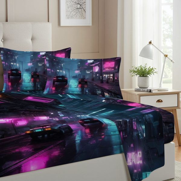 ZapMerch Twin Size Night City Explorer Fitted Sheet Video Game Bed Flat Sheets Bedding Set Deep Pockets Up To 16" Bedroom Decor With 1 Pillow Sham SC00225-009