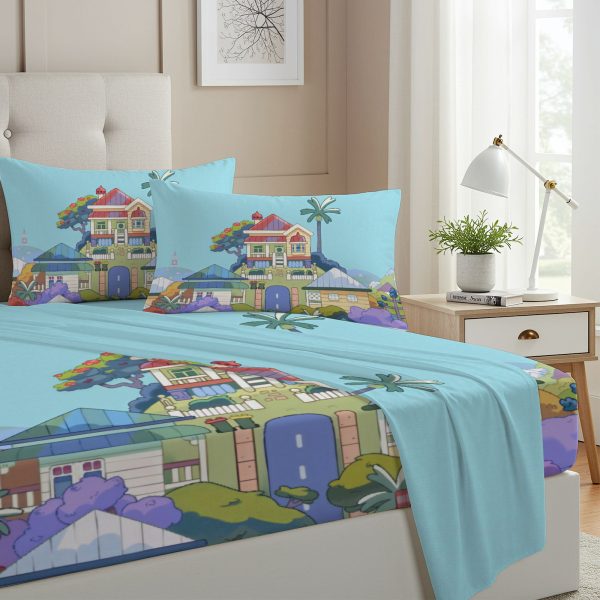 ZapMerch Twin Size Happy Pup Fitted Sheet Blue Adventurer Bed Flat Sheets Bedding Set Deep Pockets Up To 16" Bedroom Decor With 1 Pillow Sham SC00270-009