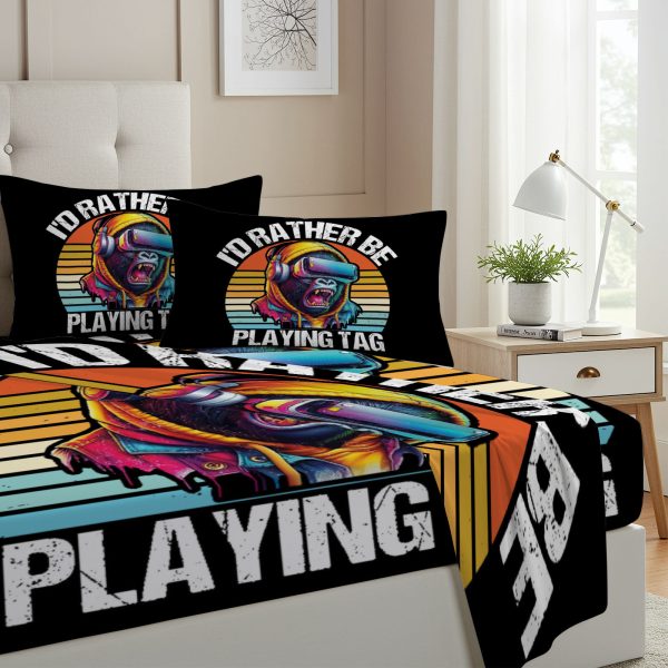 ZapMerch Twin Size Vr Gorilla Game Fitted Sheet Chasing Gorillas Bed Flat Sheets Bedding Set Deep Pockets Up To 16" Bedroom Decor With 1 Pillow Sham SC00305-009