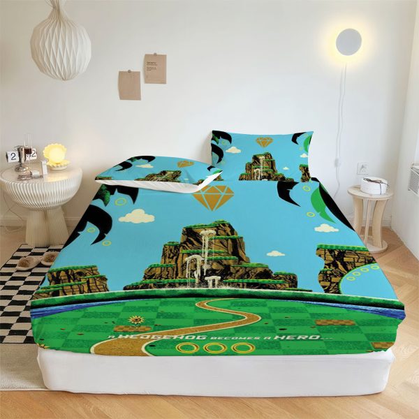 ZapMerch Blue Hedgehog Fitted Sheet High-Speed Adventure Bed Sheets Bedding Set Deep Pockets Up To 16" Bedroom Decor SC00366-006