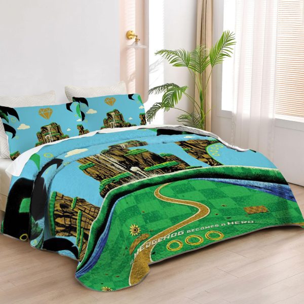 ZapMerch Blue Hedgehog Quilt Bedspreads High-Speed Adventure Bed Set Bedding Coverlet Fabric Washable SC00366-007