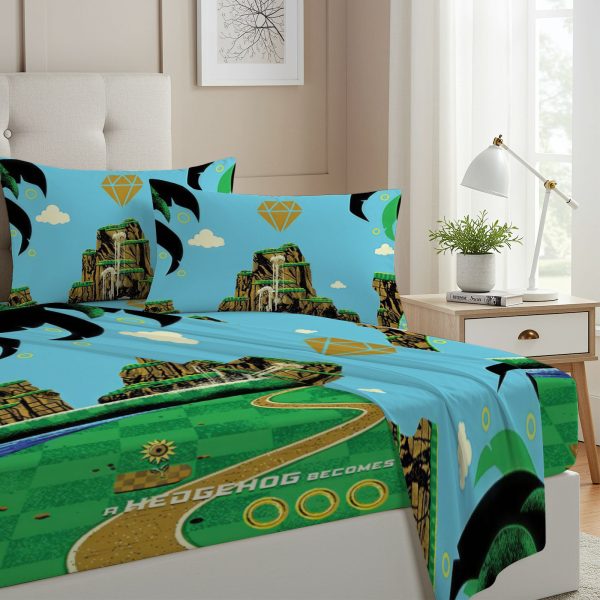 ZapMerch Twin Size Blue Hedgehog Fitted Sheet High-Speed Adventure Bed Flat Sheets Bedding Set Deep Pockets Up To 16" Bedroom Decor With 1 Pillow Sham SC00366-009