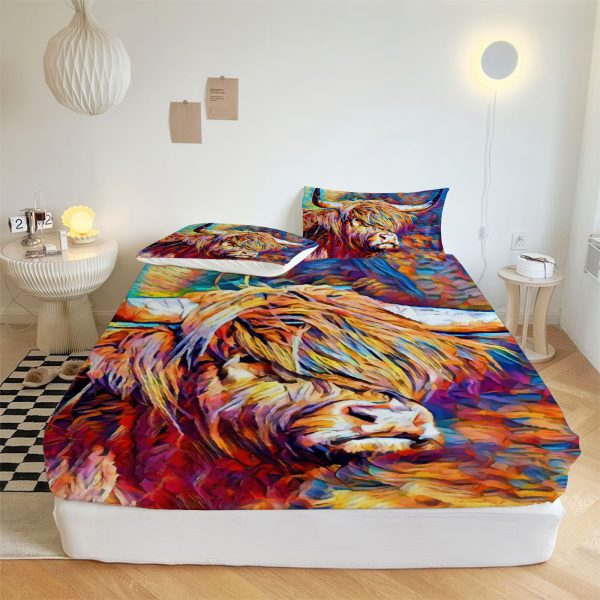 ZapMerch Highland Cow Fitted Sheet Highland Cow Bed Sheets Bedding Set Deep Pockets Up To 16" Bedroom Decor SC00406-006