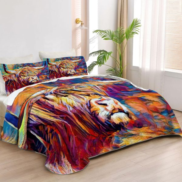 ZapMerch Highland Cow Quilt Bedspreads Highland Cow Bed Set Bedding Coverlet Fabric Washable SC00406-007