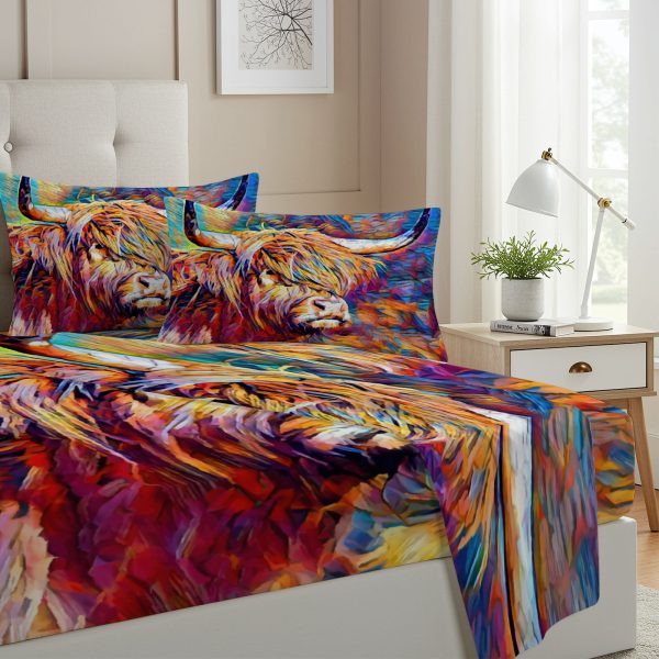 ZapMerch Twin Size Highland Cow Fitted Sheet Highland Cow Bed Flat Sheets Bedding Set Deep Pockets Up To 16" Bedroom Decor With 1 Pillow Sham SC00406-009
