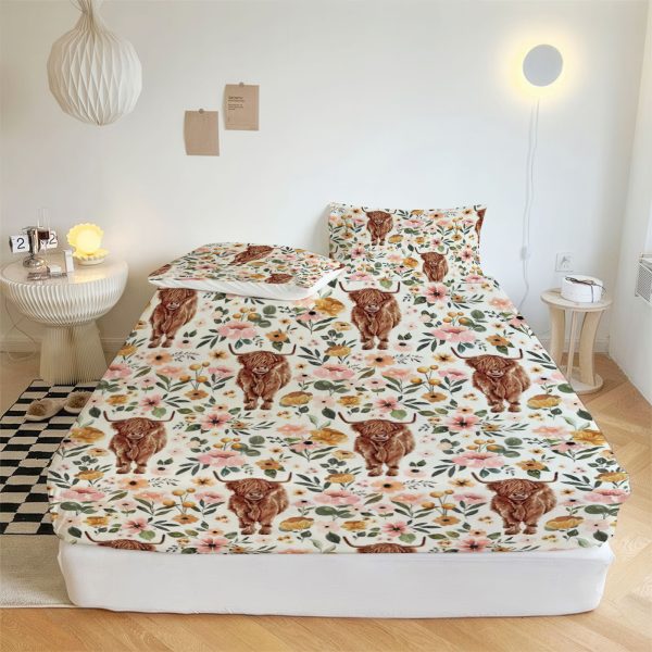 ZapMerch Highland Cow Fitted Sheet Highland Cow Bed Sheets Bedding Set Deep Pockets Up To 16" Bedroom Decor SC00407-006