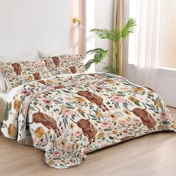 ZapMerch Highland Cow Quilt Bedspreads Highland Cow Bed Set Bedding Coverlet Fabric Washable SC00407-007