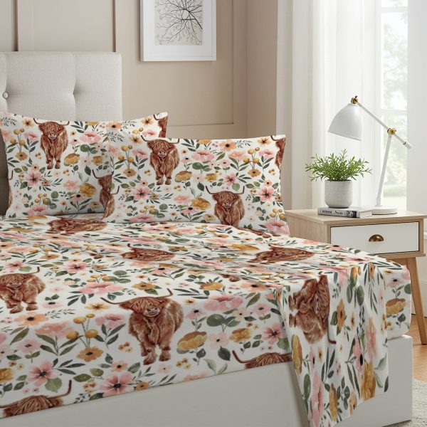 ZapMerch Twin Size Highland Cow Fitted Sheet Highland Cow Bed Flat Sheets Bedding Set Deep Pockets Up To 16" Bedroom Decor With 1 Pillow Sham SC00407-009