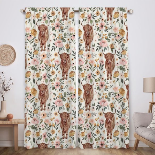 ZapMerch Highland Cow Window Curtains Highland Cow Drapes Bedroom Home Room Decor Durable Fabric Machine Washable 82" X 84" SC00407-013
