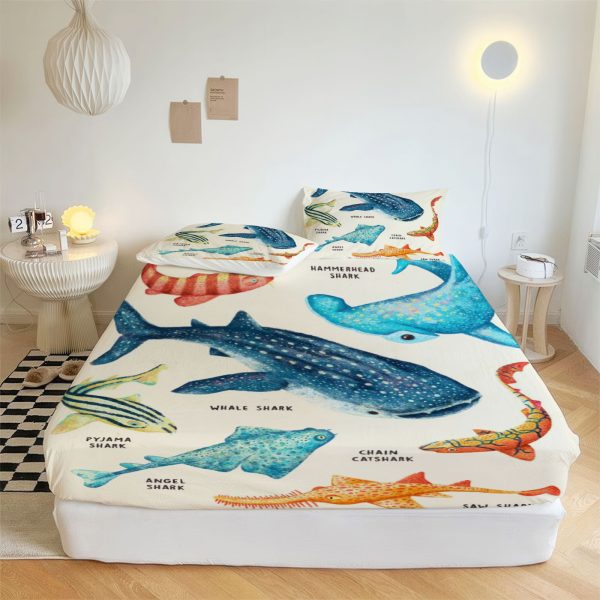 ZapMerch Shark Fitted Sheet Shark Bed Sheets Bedding Set Deep Pockets Up To 16" Bedroom Decor SC00459-006