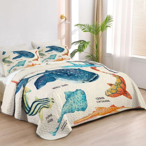 ZapMerch Shark Quilt Bedspreads Shark Bed Set Bedding Coverlet Fabric Washable SC00459-007