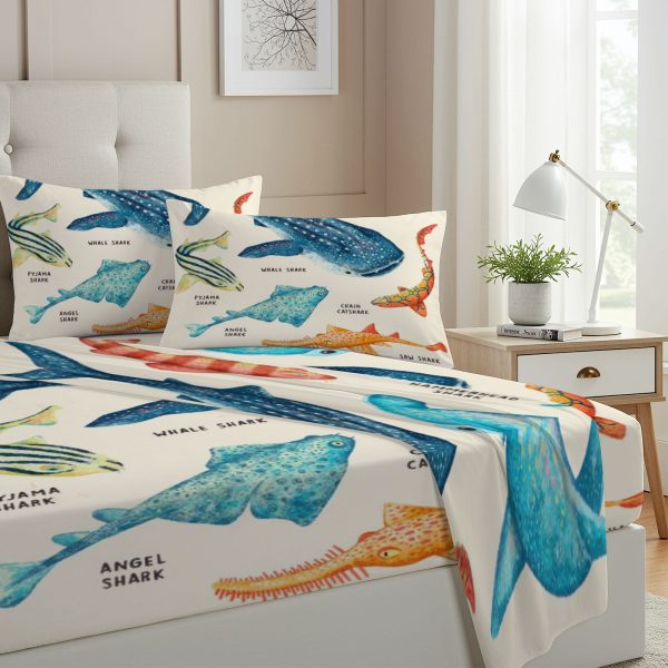 ZapMerch Twin Size Shark Fitted Sheet Shark Bed Flat Sheets Bedding Set Deep Pockets Up To 16" Bedroom Decor With 1 Pillow Sham SC00459-009