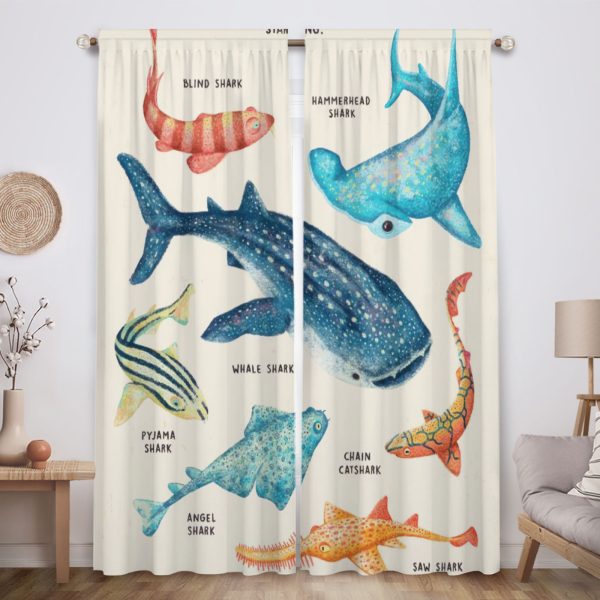 ZapMerch Shark Window Curtains Shark Drapes Bedroom Home Room Decor Durable Fabric Machine Washable 82" X 84" SC00459-013