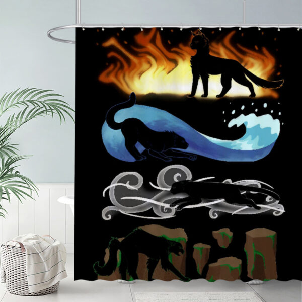 ZapMerch Elemental Black Cats Shower Curtain Fire Water Air Earth Bathroom Decor Waterproof Fabric Durable Easy Care Washable 72"X72"(Hooks Not Included)