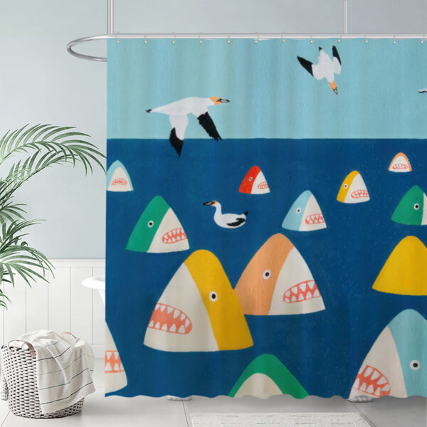 ZapMerch Colorful Shark Fins Shower Curtain Seagulls Flying Above Bathroom Decor Waterproof Fabric Durable Easy Care Washable 72"X72"(Hooks Not Included)