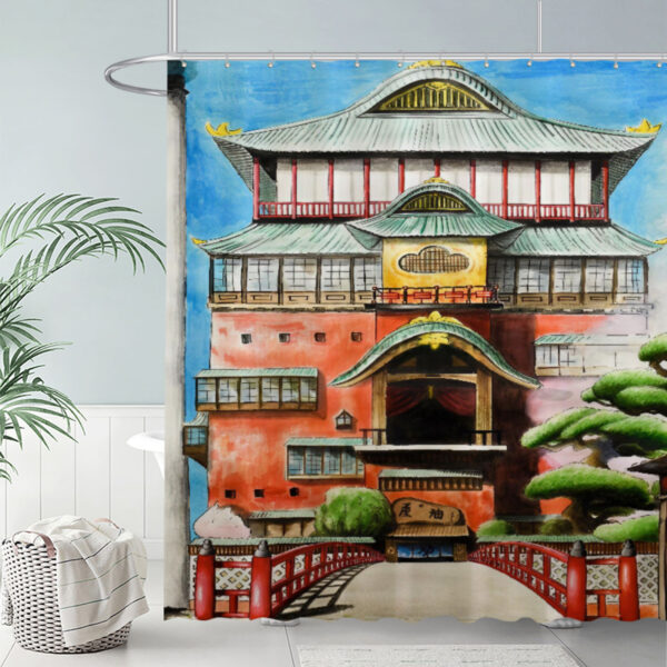 ZapMerch Red Japanese Building Shower Curtain Arched Bridge Entrance Bathroom Decor Waterproof Fabric Durable Easy Care Washable 72"X72"(Hooks Not Included)