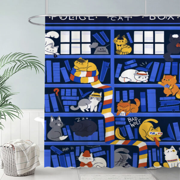 ZapMerch Colorful Cartoon Cats Shower Curtain Bookshelf With Scarf Bathroom Decor Waterproof Fabric Durable Easy Care Washable 72"X72"(Hooks Not Included)