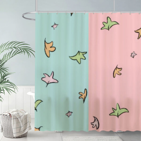 Pastel Split Shower Curtain Scattered Cartoon Leaves Bathroom Decor 72"X72"(Hooks Not Included)