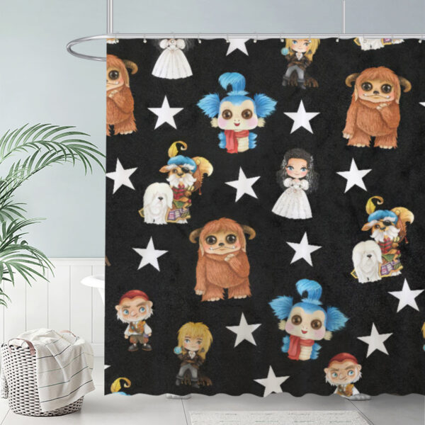Cute Fantasy Characters Shower Curtain Black With Stars Bathroom Decor 72"X72"(Hooks Not Included)