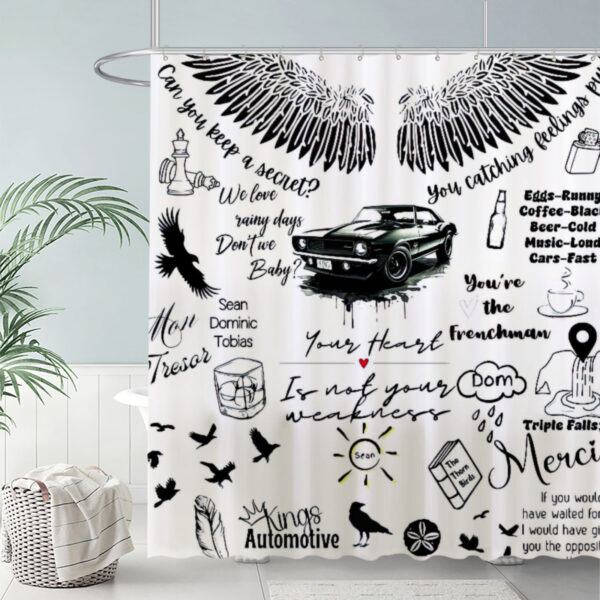 ZapMerch Black And White Sketches Shower Curtain Car And Wing Graphics Bathroom Decor Waterproof Fabric Durable Easy Care Washable 72"X72"(Hooks Not Included)