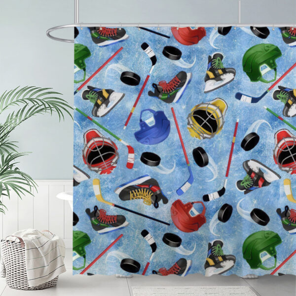 Hockey Equipment Pattern Shower Curtain Ice Skates And Sticks Bathroom Decor 72"X72"(Hooks Not Included)