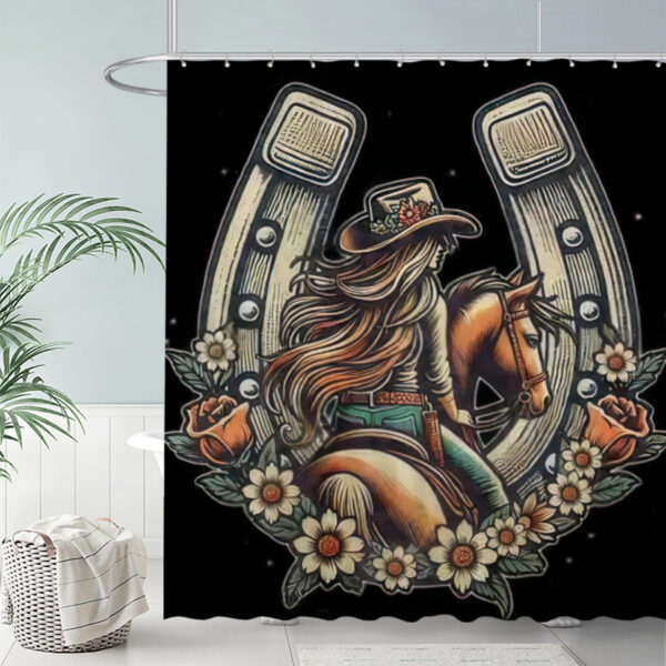 ZapMerch Cowgirl And Horse Shower Curtain Horseshoe And Flowers Bathroom Decor Waterproof Fabric Durable Easy Care Washable 72"X72"(Hooks Not Included)