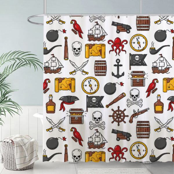 ZapMerch Pirate Theme Pattern Shower Curtain Treasure And Ships Bathroom Decor Waterproof Fabric Durable Easy Care Washable 72"X72"(Hooks Not Included)